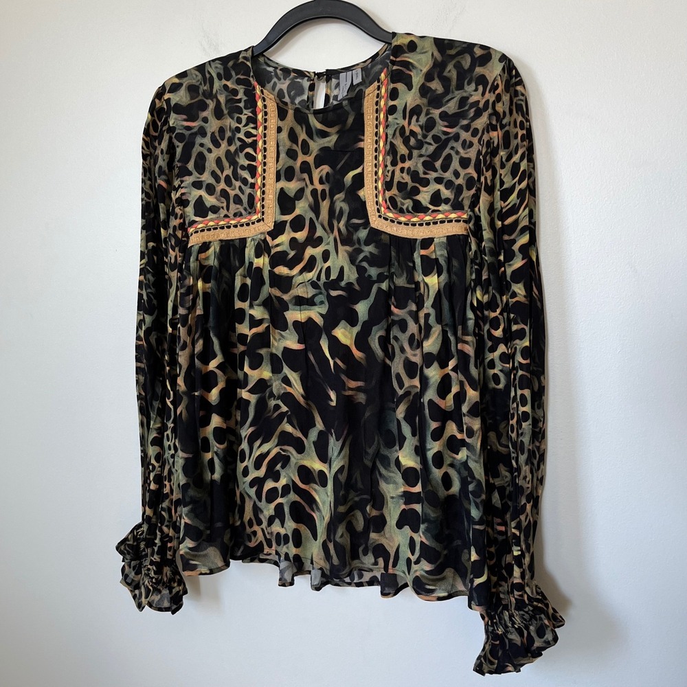 Bl^nk London Joelle Leopard Print Peasant Blouse XS Black Green - Picture 6 of 16